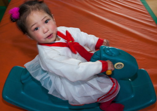 North Korean girl dressed in choson-ot in an orphanage, South Pyongan Province, Nampo, North Korea