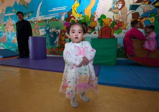North Korean girl dressed in choson-ot in an orphanage, South Pyongan Province, Nampo, North Korea