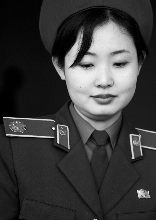 North Korean guide from the victorious fatherland liberation war museum called miss Kim, Pyongan Province, Pyongyang, North Korea