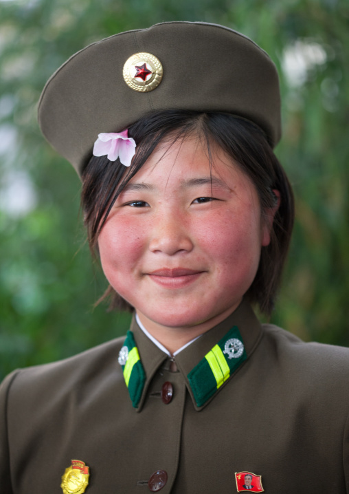 Smiling North Korean female soldier, Pyongan Province, Pyongyang, North Korea