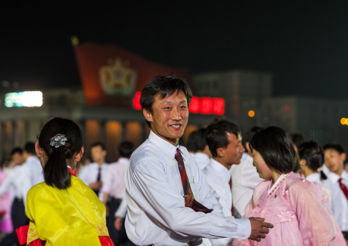 North Korean students dancing to celebrate april 15 the birth anniversary of Kim Il-sung, Pyongan Province, Pyongyang, North Korea