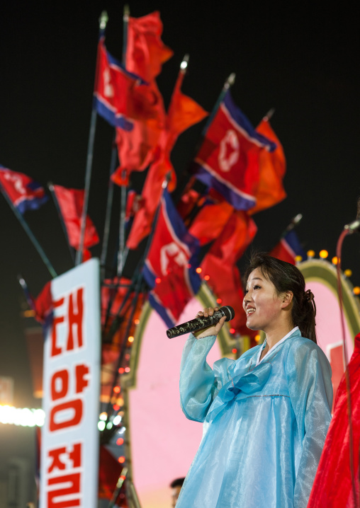 North Korean artist singing to celebrate april 15 the birth anniversary of Kim Il-sung, Pyongan Province, Pyongyang, North Korea