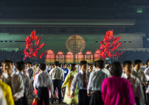North Korean students dancing to celebrate april 15 the birth anniversary of Kim Il-sung, Pyongan Province, Pyongyang, North Korea