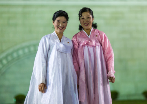 North Korean women during a mass dance to celebrate april 15 the birth anniversary of Kim Il-sung on Kim il Sung square, Pyongan Province, Pyongyang, North Korea
