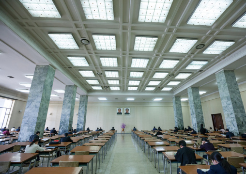 Multimedia room of the Grand people's study house with the offcial portraits of the Dear Leaders, Pyongan Province, Pyongyang, North Korea