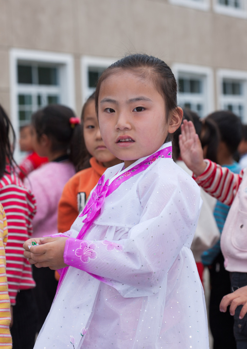 North Korean girl in choson-ot in a school, North Hwanghae Province, Kaesong, North Korea