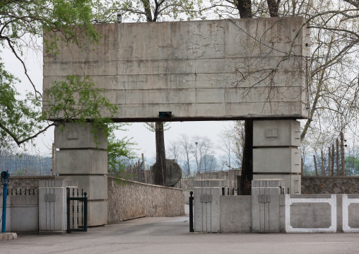 North Korean anti tank invasion concrete blocks on the roadside on the Demilitarized Zone, North Hwanghae Province, Panmunjom, North Korea