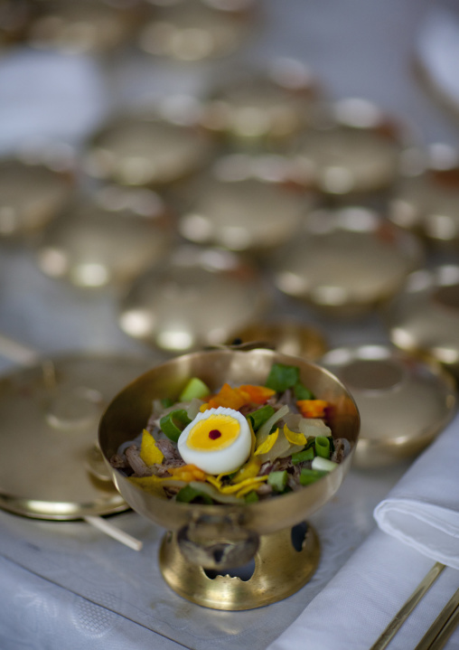 Traditional meal for tourists in a Korean restaurant, Pyongan Province, Pyongyang, North Korea
