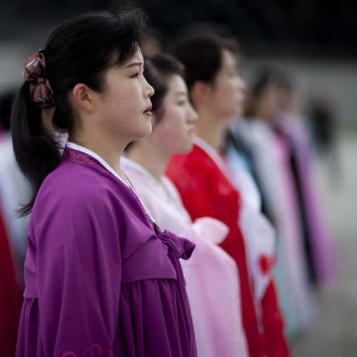 North Korean women paying respect to Kim il Sung in Mansudae Grand monument, Pyongan Province, Pyongyang, North Korea