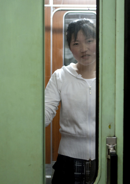 North Korean woman in a subway car, Pyongan Province, Pyongyang, North Korea
