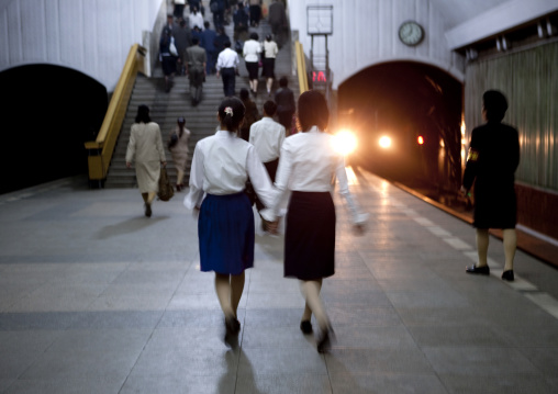 North Korean friends in the subway, Pyongan Province, Pyongyang, North Korea