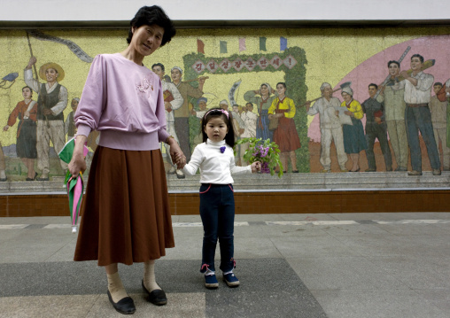 North Korean mother and daughter in Kaeson metro station on Chollima line, Pyongan Province, Pyongyang, North Korea