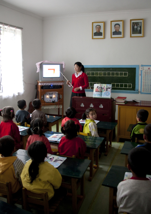 North Korean pupils with their teacher in a classroom, South Pyongan Province, Chongsan-ri Cooperative Farm, North Korea