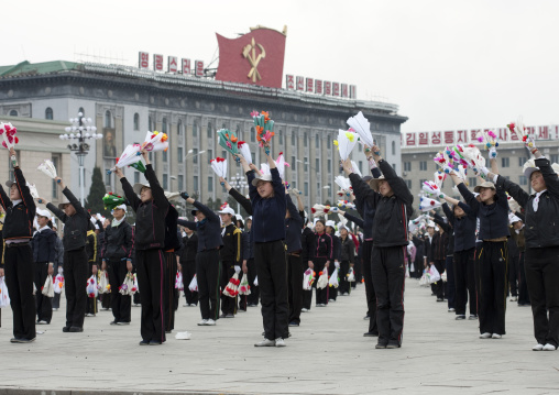 Young North Korean women during a mass games rehearsal in Kim il Sung square, Pyongan Province, Pyongyang, North Korea