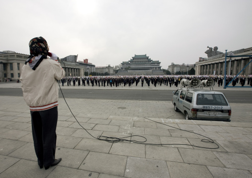 North Korean coach during a mass games rehearsal in Kim il Sung square, Pyongan Province, Pyongyang, North Korea