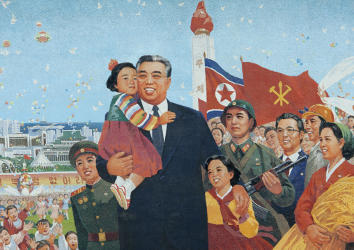 Propaganda fresco depicting Kim il Sung and North Korean people, Pyongan Province, Pyongyang, North Korea