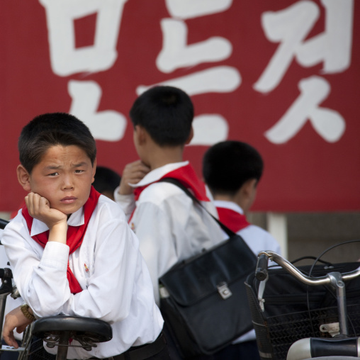 North Korean pioneers boys in front of a school, North Hwanghae Province, Kaesong, North Korea