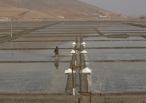 North Korean people working in salt evaporation ponds, South Pyongan Province, Nampo, North Korea