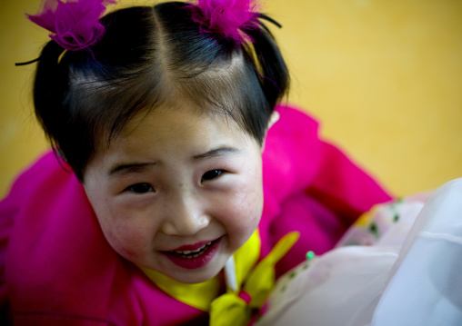Smiling North Korean child girl in an orphanage, South Pyongan Province, Nampo, North Korea
