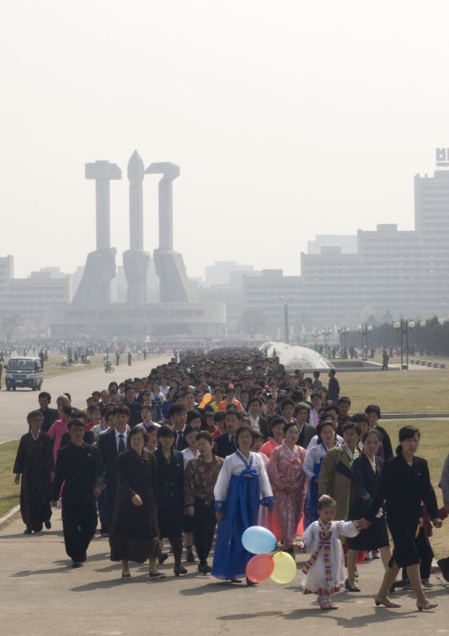 North Korean people queueing to see the international Kimilsungia and Kimjongilia festival, Pyongan Province, Pyongyang, North Korea