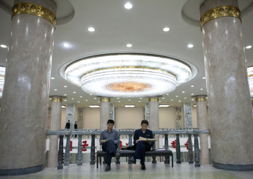 North Korean men reading in the hall of the Grand people's study house, Pyongan Province, Pyongyang, North Korea