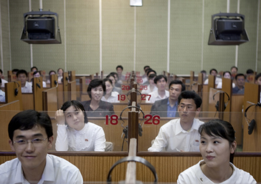 North Korean students during an english classroom in the Grand people's study house, Pyongan Province, Pyongyang, North Korea