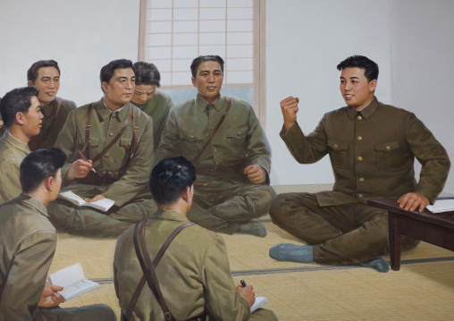 Propaganda poster with Kim il Sung when he was a young officer in the army during the Korean war, Kangwon Province, Wonsan, North Korea