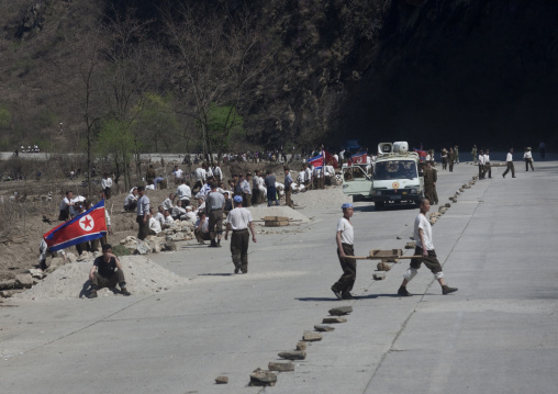 North Korean workers on a highway, Pyongan Province, Pyongyang, North Korea