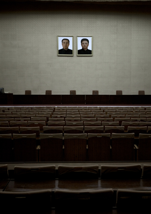 Official portraits of the Dear Leaders inside the Grand people's study house auditorium, Pyongan Province, Pyongyang, North Korea