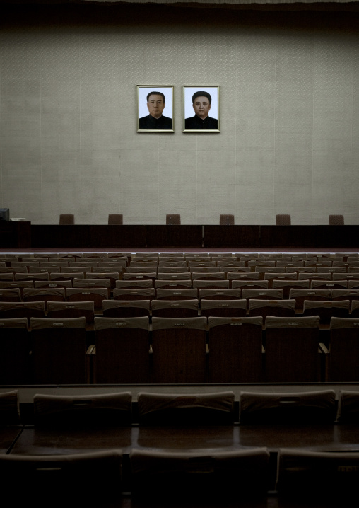 Official portraits of the Dear Leaders inside the Grand people's study house auditorium, Pyongan Province, Pyongyang, North Korea
