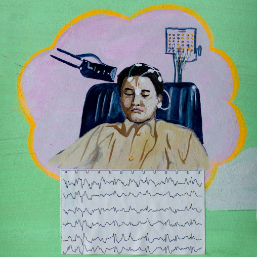 Poster in a North Korean hospital depicting a brainwave, Pyongan Province, Pyongyang, North Korea
