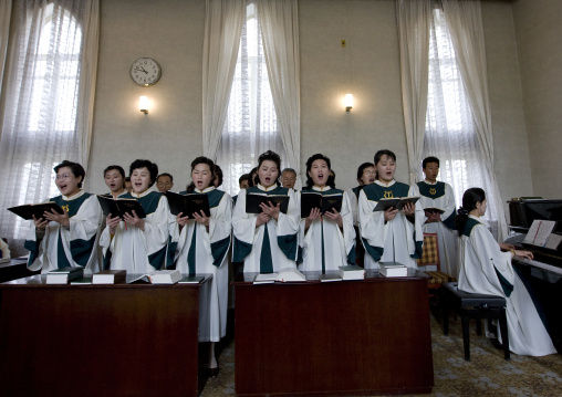 North Korean women choir singing in Chilgol protestant church, Pyongan Province, Pyongyang, North Korea