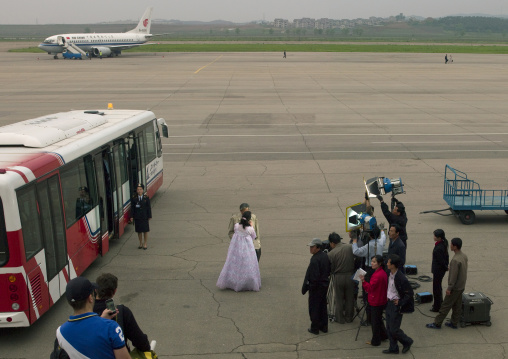 North Korean actors during a movie shooting in Pyongyang Sunan international airport, Pyongan Province, Pyongyang, North Korea