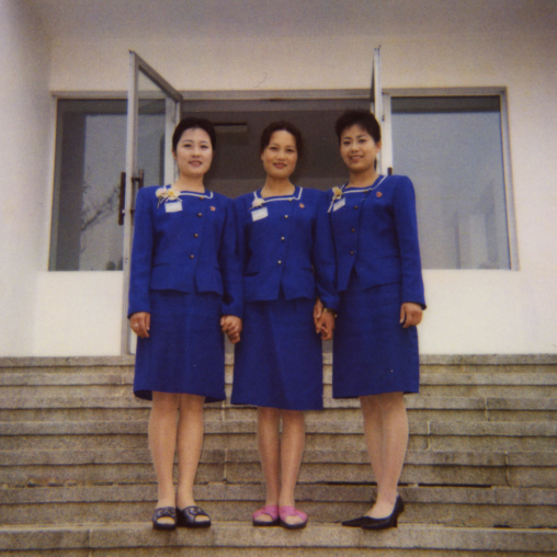 Polaroid of three North Korean waitresses, Pyongan Province, Pyongyang, North Korea