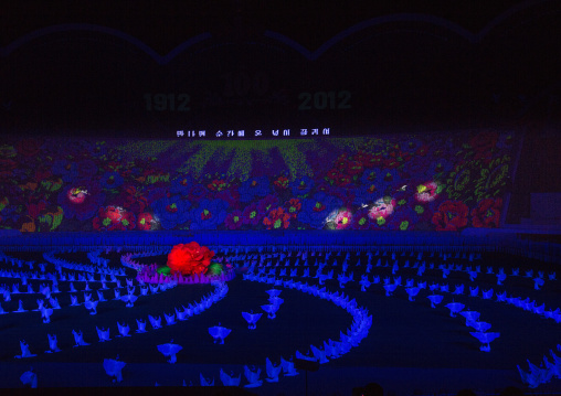 Panoramic view of the Arirang mass games with North Korean performers in may day stadium, Pyongan Province, Pyongyang, North Korea
