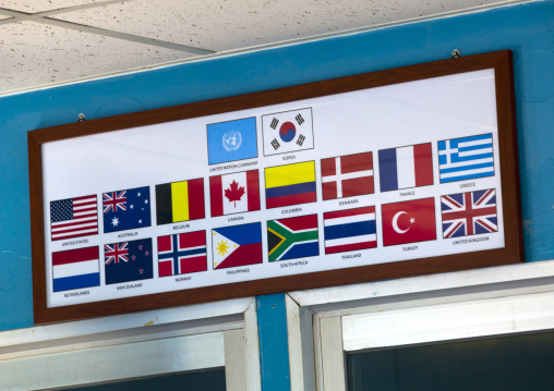 Flags of the Nations in charge of the conference room in the Demilitarized Zone, North Hwanghae Province, Panmunjom, North Korea
