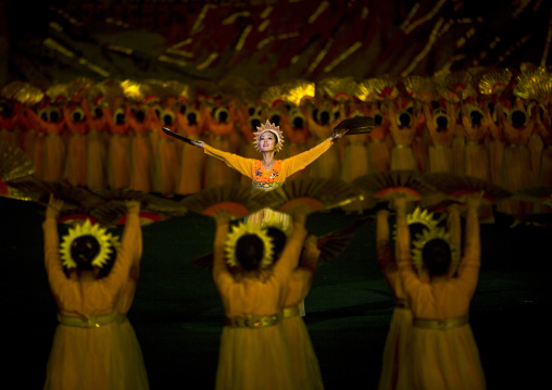 North Korean women dancing in choson-ot during the Arirang mass games in may day stadium, Pyongan Province, Pyongyang, North Korea
