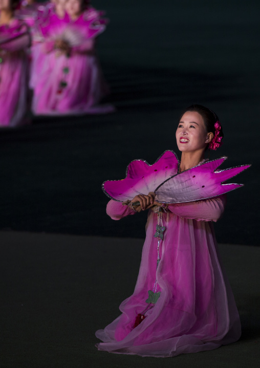 North Korean women dancing in choson-ot during the Arirang mass games in may day stadium, Pyongan Province, Pyongyang, North Korea