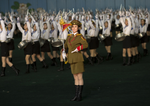 Sexy North Korean women dressed as sailors and soldiers during the Arirang mass games in may day stadium, Pyongan Province, Pyongyang, North Korea