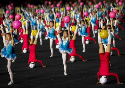 North Korean children gymasts performing with balloons during the Arirang mass games in may day stadium, Pyongan Province, Pyongyang, North Korea