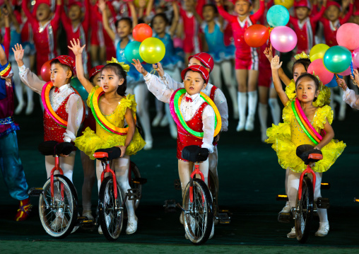North Korean children gymasts performing with balloons during the Arirang mass games in may day stadium, Pyongan Province, Pyongyang, North Korea