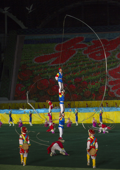 North Korean pungmul performers during the Arirang mass games in may day stadium, Pyongan Province, Pyongyang, North Korea