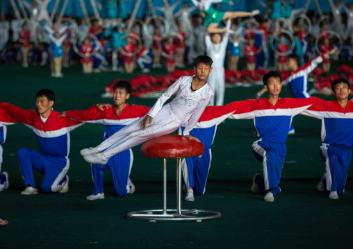 North Korean gymnasts during the Arirang mass games in may day stadium, Pyongan Province, Pyongyang, North Korea