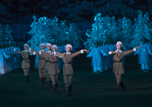 North Korean women dressed as soldiers during the Arirang mass games at may day stadium, Pyongan Province, Pyongyang, North Korea