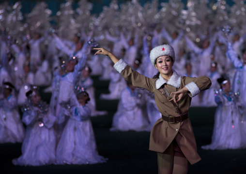 North Korean woman dressed as soldier during the Arirang mass games at may day stadium, Pyongan Province, Pyongyang, North Korea