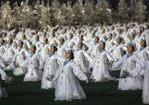 North Korean women dancing in choson-ot during the Arirang mass games in may day stadium, Pyongan Province, Pyongyang, North Korea