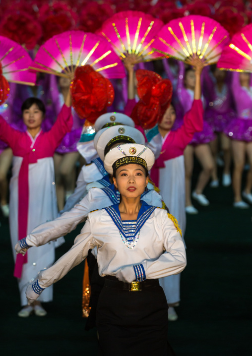 Sexy North Korean women dressed as sailors during the Arirang mass games in may day stadium, Pyongan Province, Pyongyang, North Korea