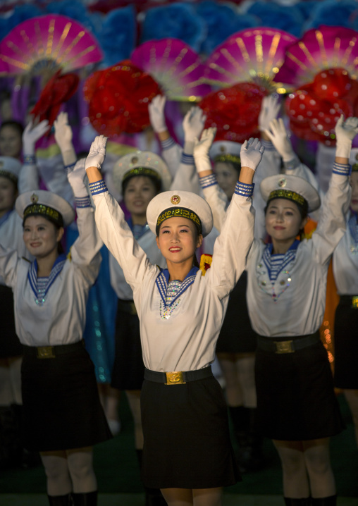 Sexy North Korean women dressed as sailors during the Arirang mass games in may day stadium, Pyongan Province, Pyongyang, North Korea