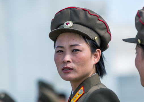 North Korean soldier woman looking at the camera, Pyongan Province, Pyongyang, North Korea
