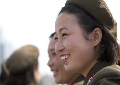 Smiling North Korean female soldiers, Pyongan Province, Pyongyang, North Korea